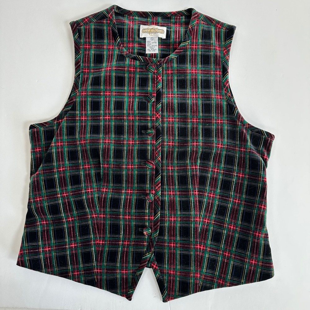Vintage Velvet Plaid Vest Small Red Green Tartan Button Front Holiday Christmas